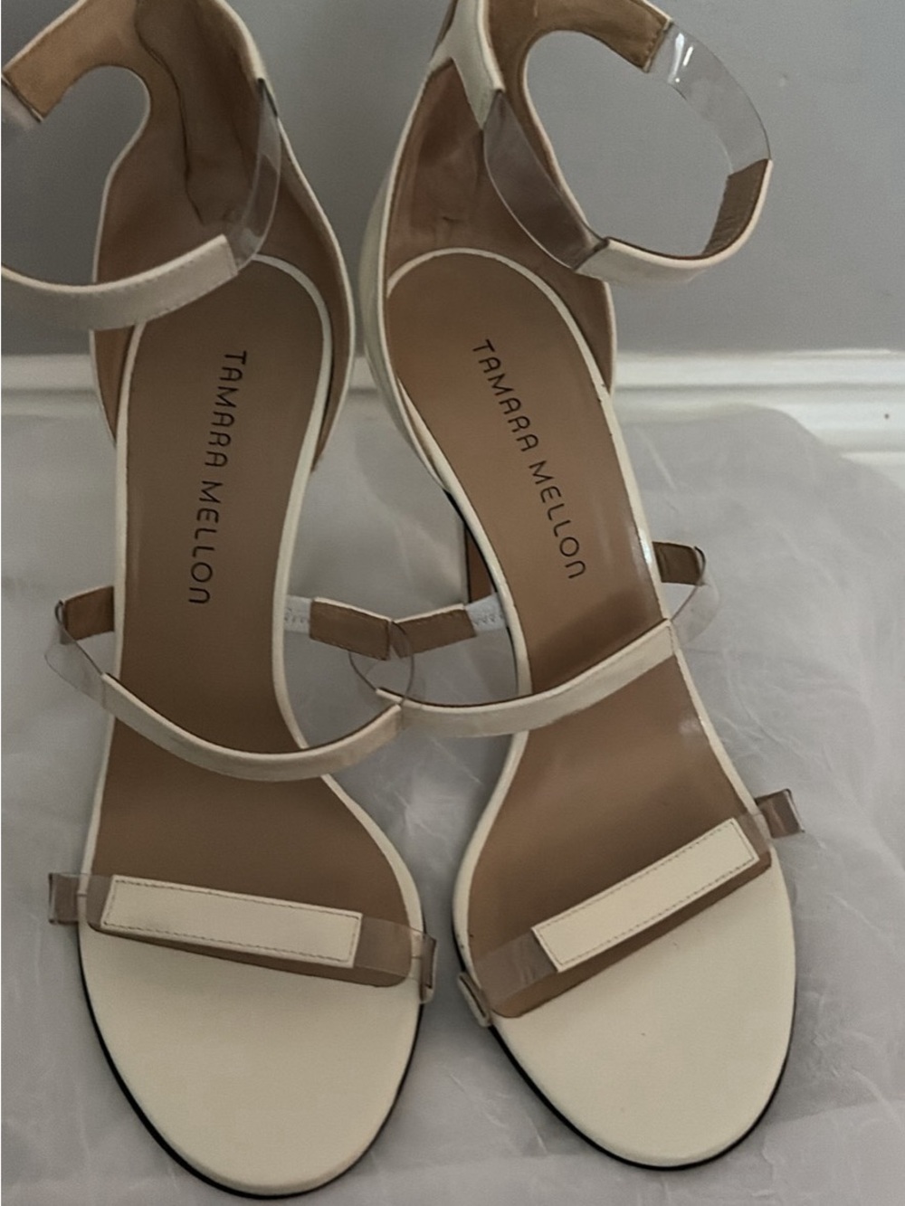 Tamara Mellon Ivory and Clear Ankle-Strap Heels size 8.5